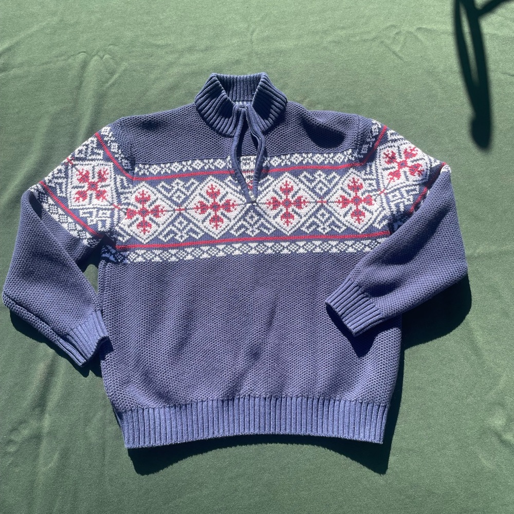 IZOD Mens Blue Fair Isle Print Cotton Long Sleeve Pullover Knit Sweater Size XL